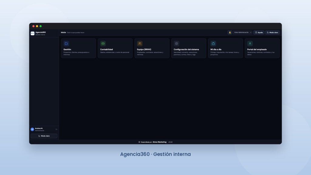 Pantalla de inicio de Agencia360, el programa de gestión interna de la agencia