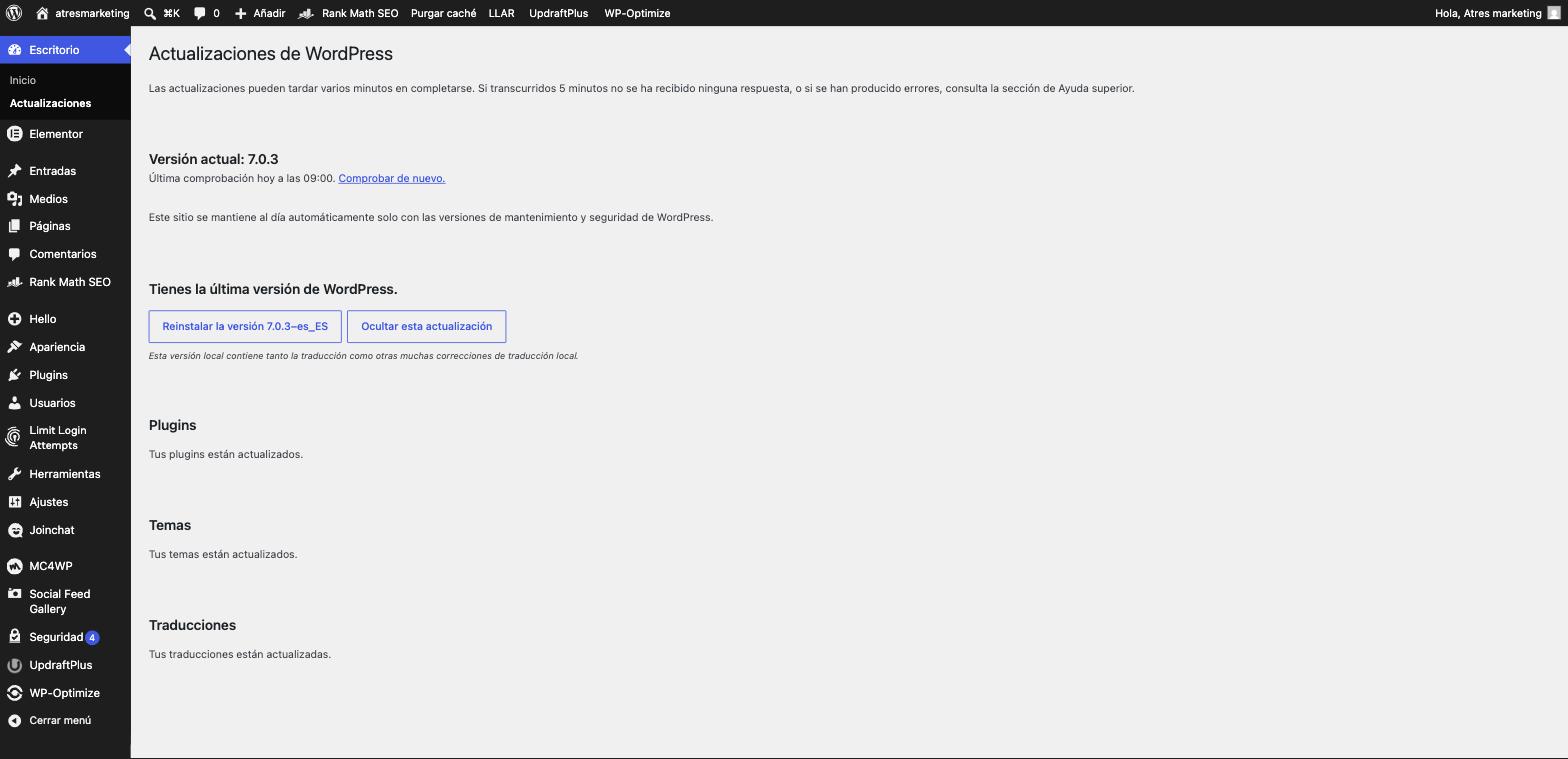Panel de actualizaciones de WordPress mostrando la versión 7.0.3 con plugins, temas y traducciones al día