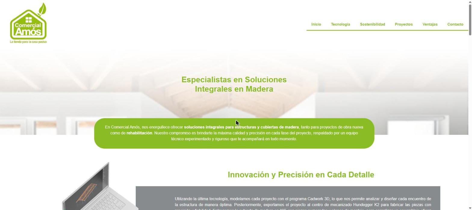 Comercial Amós: portada de la web de estructuras y cubiertas de madera diseñada por Atresmarketing