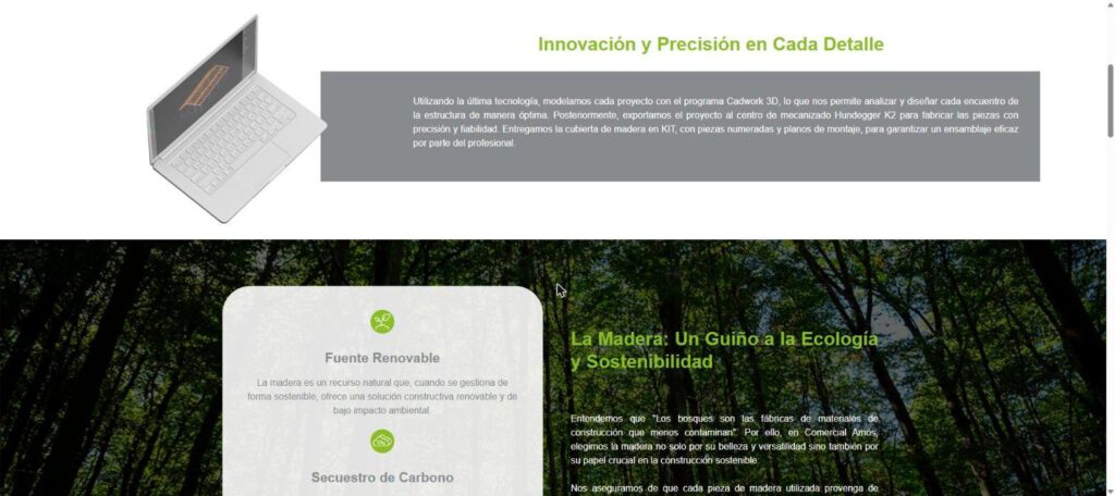 Comercial Amós: secciones de tecnología y sostenibilidad de la madera en su web corporativa