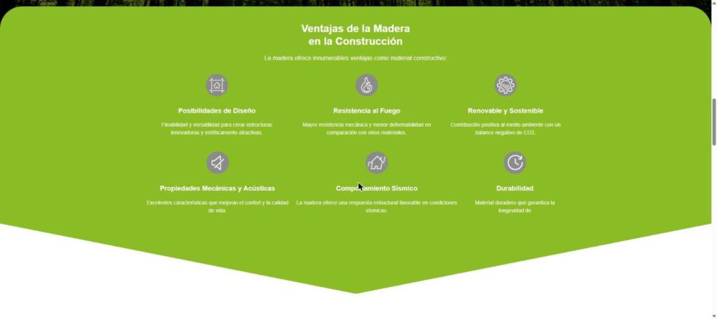 Comercial Amós: bloque de ventajas de la madera en la construcción, diseño web