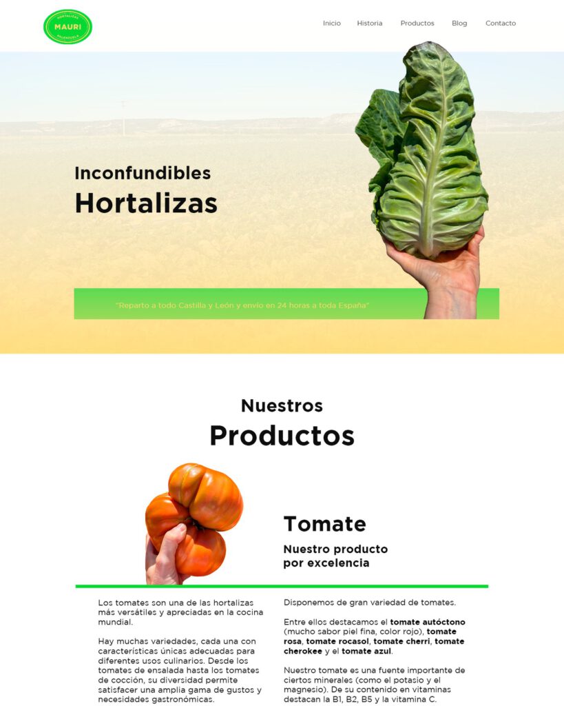 Diseño web de la tienda online de Hortalizas Mauri, sección de productos